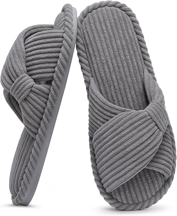 Evshine Summer House Slippers for Women Corduroy Cross Bow Indoor Slippers Open Toe Slip On Bedroom Shoes with Memory Foam