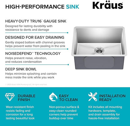 KRAUS Standard PRO 23-Inch 16 Gauge Undermount Single Bowl Stainless Steel Kitchen Sink, KHU101-23