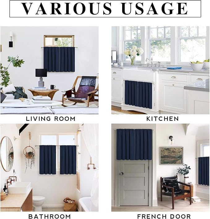 RYB HOME 45 inch Length Curtains for Kitchen, Room Darkening Narrow Window Drapes Thermal Insulated Privacy Covers for Basement RV Camper, W 34 x L 45 inch, Set of 2, Navy Blue