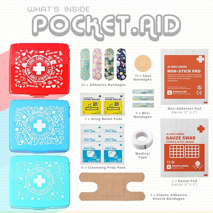 EVERLIT Pocket-Aid Mini First Aid Kit | Compact, Portable Hard-Shell Cases of 50 Items | Cuts, Scrapes, Wound Care Essentials for Travel, Outdoor, School, Camping, Home, Office (24 Packs | 1200 Pcs)