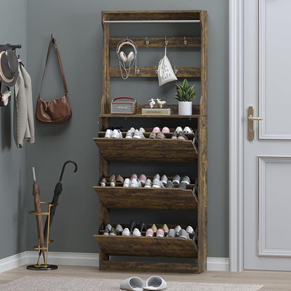 Shoe Cabinet with 3 Flip Drawers & Coat Rack, Narrow Hidden Shoe Storage Cabinet - Image 7