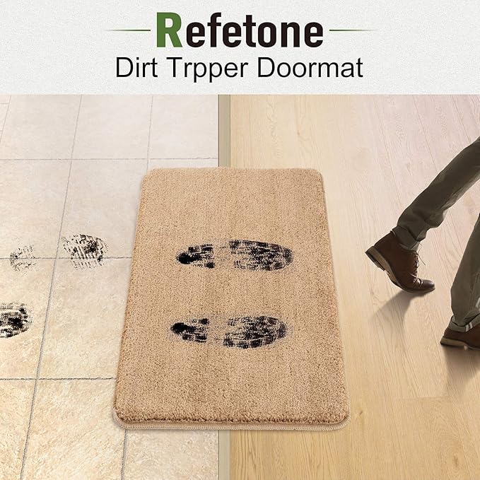 REFETONE Indoor Door Mat, Front Back Door Mat, Non-Slip Absorbent Resist Dirt Entrance Rug Inside Floor Mats, Machine Washable Low-Profile Inside Entry Door Rugs for Entryway - 20" x 32", Tan