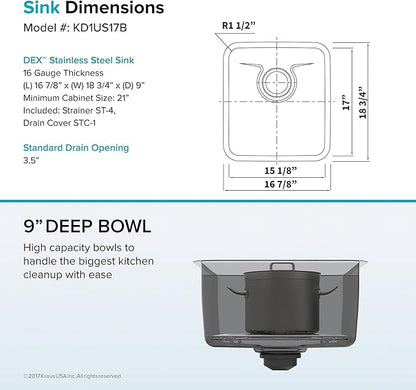 KRAUS Dex 17-Inch Undermount Single Bowl TRU16 Gauge Stainless Steel Kitchen Bar Sink with DrainAssure WaterWay and VersiDrain Assembly in Radiant Pearl Finish, KD1US17B