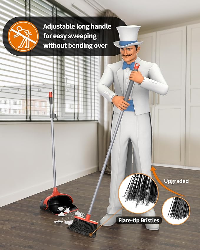 MR.SIGA Broom and Dustpan Set with Long Handle, Stand Upright Broom with Dustpan Combo for Floor Cleaning, Lightweight Sweeping Set for Indoor and Outdoor Use, 51.7"(131 cm) Long Handle, Black & Red