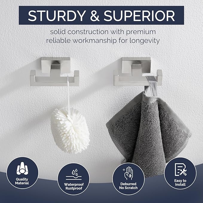 Angle Simple Bathroom Double Hook 2 PCS, SUS304 Stainless Steel Hand Towel Holder, Bath Towel Hanger, Modern Robe Hook for Wall, Brushed Nickel