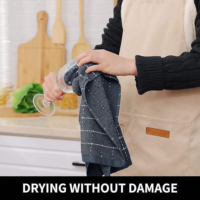 Homaxy 100% Cotton Terry Kitchen Towels(Dark Grey, 13 x 28 inches), Checkered Designed, Soft and Super Absorbent Dish Towels, 8 Pack