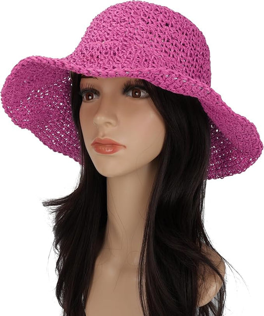 Womens Wide Brim Straw Sun Hat Foldable Floppy Crochet Beach Hat for Summer