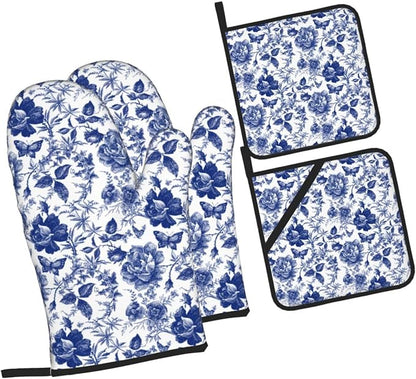 Blue and White Porcelain Floral Butterfly Oven Mitts and Pot Holders Set of 4 - Image 8
