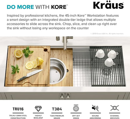 KRAUS Kore Workstation 45-inch Undermount 16 Gauge Stainless Steel Kitchen Sink, Single Bowl Kitchen Sink with Accessories, KWU120-45