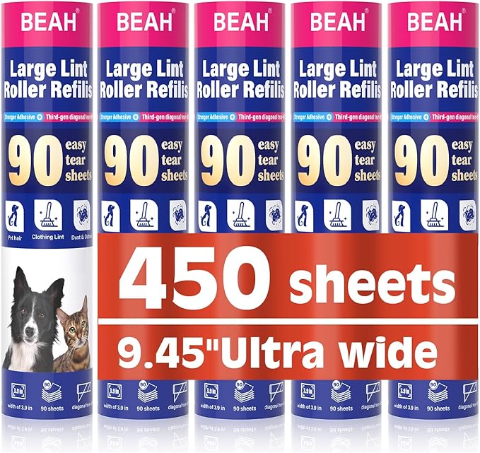 Lint Roller Refills (5 Packs 450 Sheets) Lint Rollers for Pet Hair Extra Sticky Refills,9.45 Inch Pet Hair Remover,Lint Roller Cleaning for Clothes,Furniture and Carpet,Easy to Tear