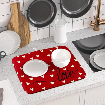 Giwawa Red Hearts Dish Drying Mat 16"x18", Valentines Day Symbol of Love Dish - Image 6