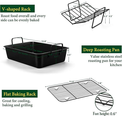 E-far Roasting Pan with Racks, Small Stainless Steel Turkey Roaster with - Image 2