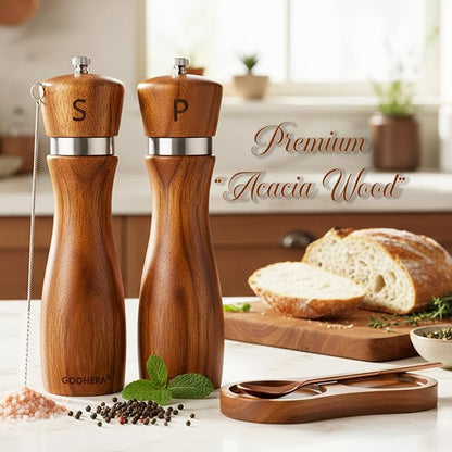 Premium Acacia Wood Salt & Pepper Grinder Set, 8-Inch Manual Mills - Image 2
