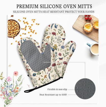 Vintage Floral Oven Mitts and Pot Holders 3Pcs, Retro Floral Silicone Oven - Image 4