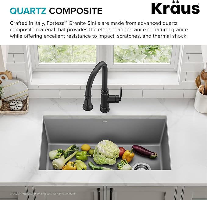 KRAUS Forteza 32-inch Undermount Single Bowl Granite Kitchen Sink in Grey, KGU-55GREY