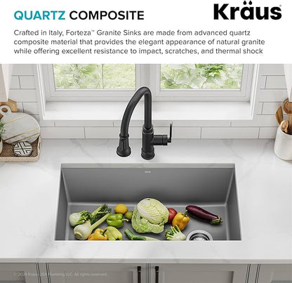 KRAUS Forteza 32-inch Undermount Single Bowl Granite Kitchen Sink in Grey, KGU-55GREY