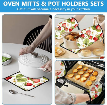 Red Strawberry Flower Oven Mitts and Pot Holders Sets Heat Resistant 4Pcs - Image 6
