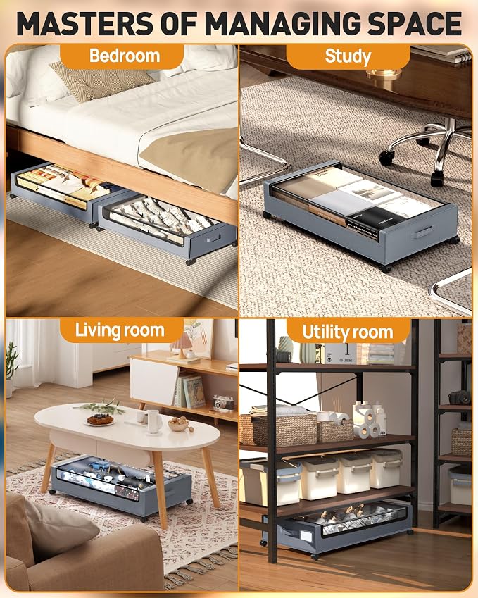 Under Bed Storage with Wheels, Square Under Bed Storage Containers, 4 Pack - Image 3