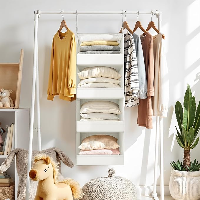 GRANNY SAYS 4-Shelf Hanging Organizer, Closet Hanging Shelves, Closet Hanging Storage Organizers, Organization for Bedroom, Living Room, Baby Nursery, Camper Accessories, Beige, 1-Pack