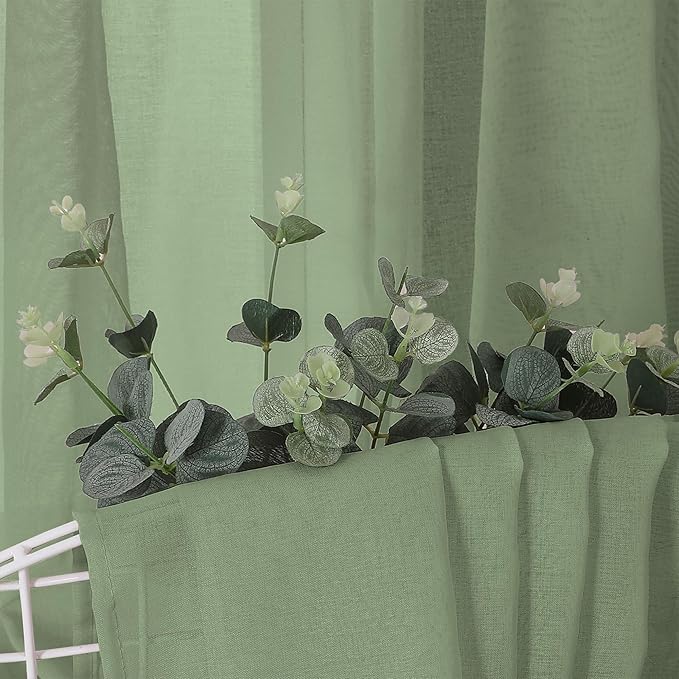 Tollpiz Sheer Curtains Linen Textured Bedroom Curtain Sheers Light Filtering Rod Pocket Voile Curtains for Living Room, 54 x 63 inches Long, Sage Green, Set of 2 Panels