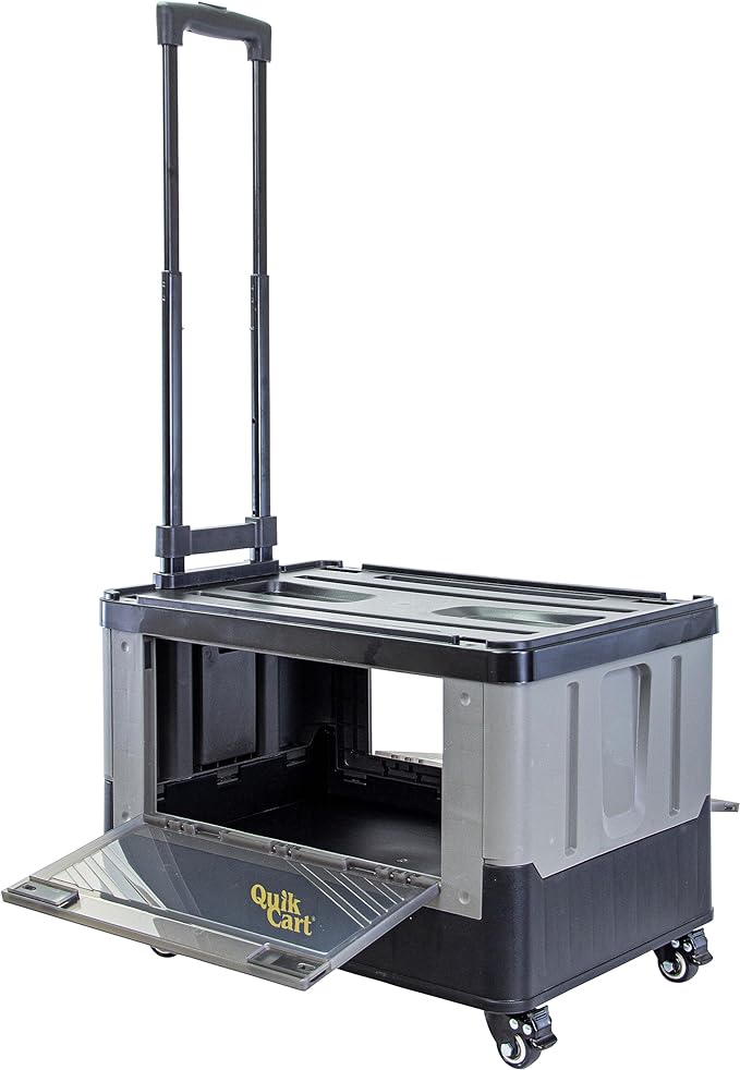 dbest products Quik Cart Extended Four Wheeled Rolling Crate Teacher Utility with seat Dual Accessible Doors Heavy Duty Collapsible Basket with Two Position Handle