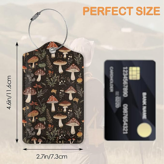 Psychedelic Mushrooms, Butterflies, Insectsts 3 Pack PU Leahter Luggage Tag with Stainless Steel Loop, Travel Suitcase Labels with Privacy Cover ID Label Quickly Spot for Bags