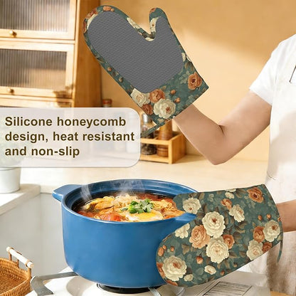 Vintage Rose Flower Oven Mitts and Pot Holders Set of 4, Retro Floral Kitchen - Image 4