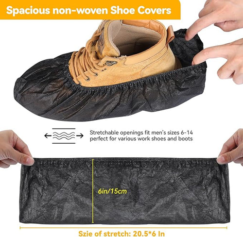100Pcs Shoe Covers Disposable Non Slip, Large Size Non-Woven Boot Covers, Breathable and Durable, Fits US Men 6-14 Size, Reusable Slip-Resistant Booties for Indoors (Black)