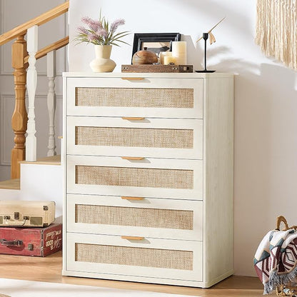 LEYAOYAO White Dresser for Bedroom, Modern 5 Drawers Boho Rattan Dressers - Image 7