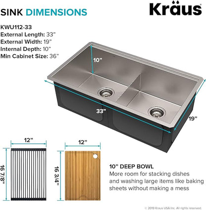 KRAUS Kore™ Workstation 33-inch Undermount 16 Gauge Double Bowl Stainless Steel Kitchen Sink with Accessories (Pack of 8) with WasteGuard™ Continuous Feed Garbage Disposal, KWU112-33-100-75MB