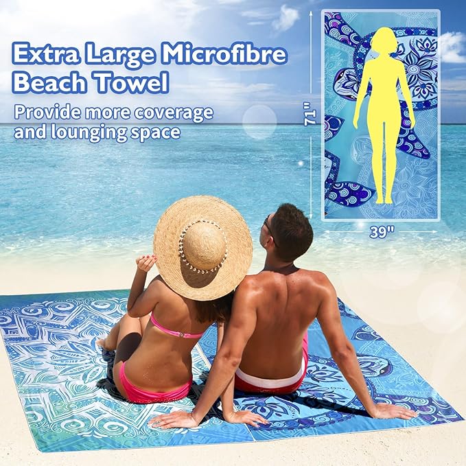 Beach Towels Oversized - 2 Pack 71"x 39" 250GSM Microfiber Beach Towels for Adults, Lightweight Quick Dry Absorbent Compact Sand Free Beach Towel for Swimming Pool, Camping, Yoga, Travel