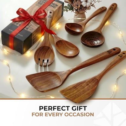 Wooden Spoons for Cooking – 6 Pcs Premium Teak Wooden Utensil Set - Image 9