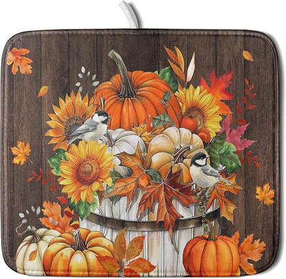 Fall Pumpkin Dish Drying Mat for Kitchen Counter Decor 16x18 Inch Halloween by Giwawa