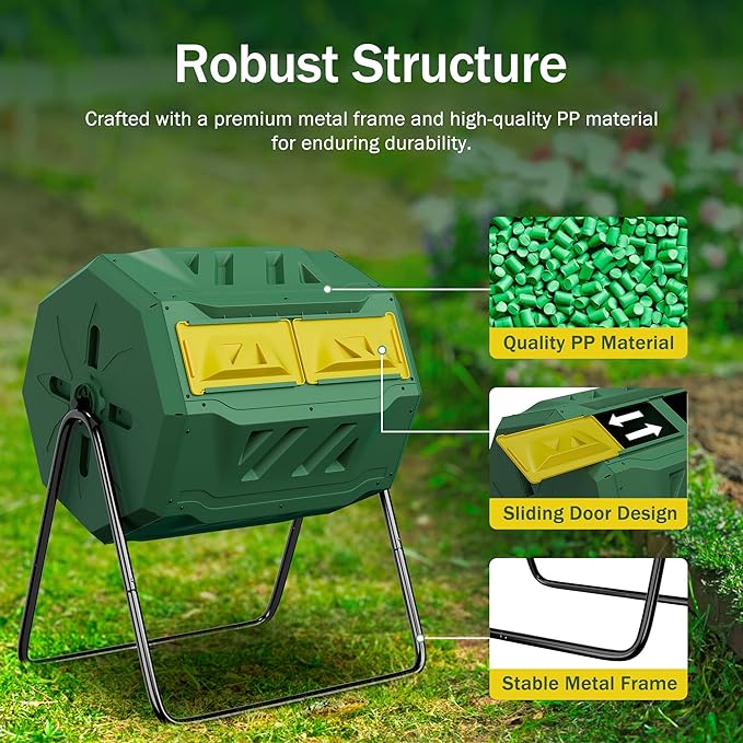 43 Gallon Outdoor Dual Chamber Tumbling Composter - BPA Free, Rotating Compost Bin with Sliding Doors & Steel Frame for Garden/Yard