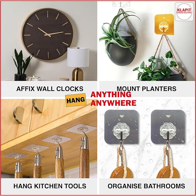 KLAPiT Super Hook - Heavy-Duty Adhesive Clear Wall Hooks, Holds Up to 11 lbs, Waterproof, No Damage, Easy Install on Tile, Wood, Stone, Glass & Metal - Made of Steel (Clear, 16pc)