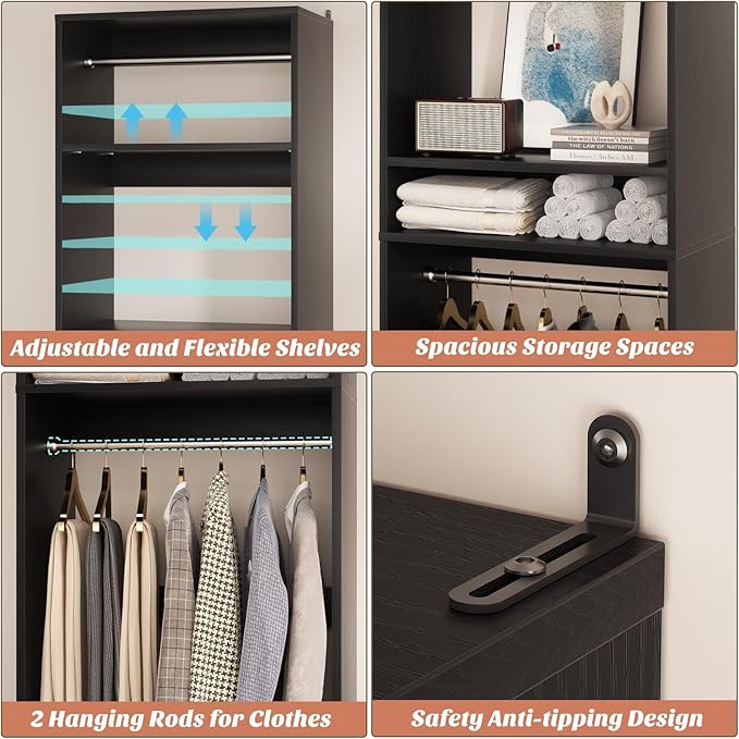 Unikito Freestanding Closet System, 25” Closet Organizer Wardrobe with Hanging Rod & Shelves, Adjustable Clothes Garment Rack, Sturdy Walk in Towers, Easy Assembly, 25" W x 16" D x 80" H, Black