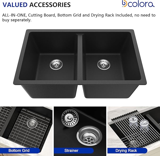 Dcolora 33 inch Quartz Matte Black Granite Composite Double Bowl Undermount Kitchen Sink Basin Deep 50/50 Split, DC-GU7761