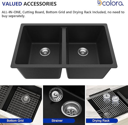 Dcolora 33 inch Quartz Matte Black Granite Composite Double Bowl Undermount Kitchen Sink Basin Deep 50/50 Split, DC-GU7761