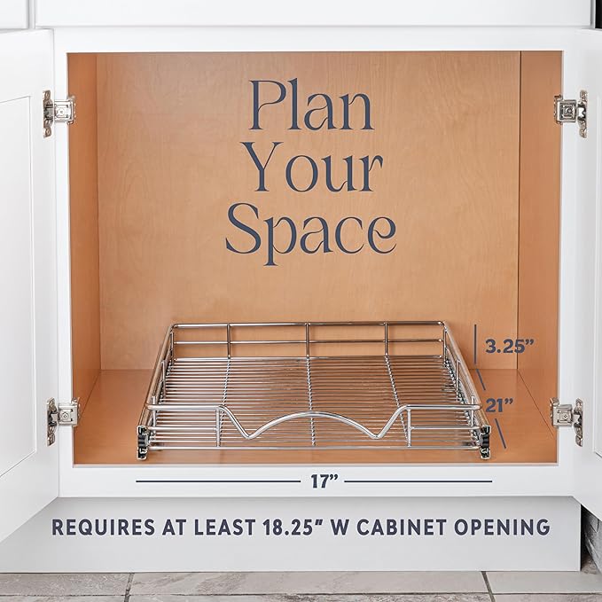 HOLDN’ STORAGE Pull Out Cabinet Organizer, Heavy Duty Caddy w/Lifetime Limited Warranty -17”W x 21”D - Requires At Least 18-1/4” Cabinet Opening, Steel Metal Cabinet Drawers Slide Out, Chrome