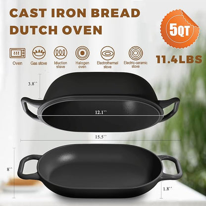 Oval Dutch Oven for Bread Baking 12 x 8 Inch, Pre-Seasoned Cast Iron Bread Oven - Image 3