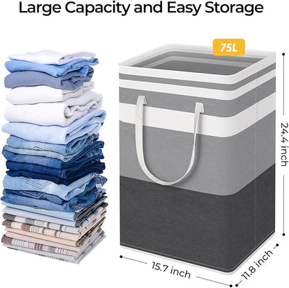 HomeHacks 2 Pack Large Laundry Baskets, Waterproof, Freestanding Laundry Hampers, Collapsible Clothes Hamper with Reinforced Handles in Laundry, College Dorm, Bathroom, Bedroom (Grey+Blue, 75Lx2)