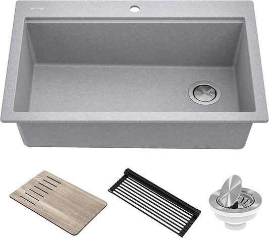 KRAUS Bellucci Workstation 33 in. Drop In Single Bowl Granite Kitchen Sink in Metallic Gray with Accessories, KGTW2-33MGR