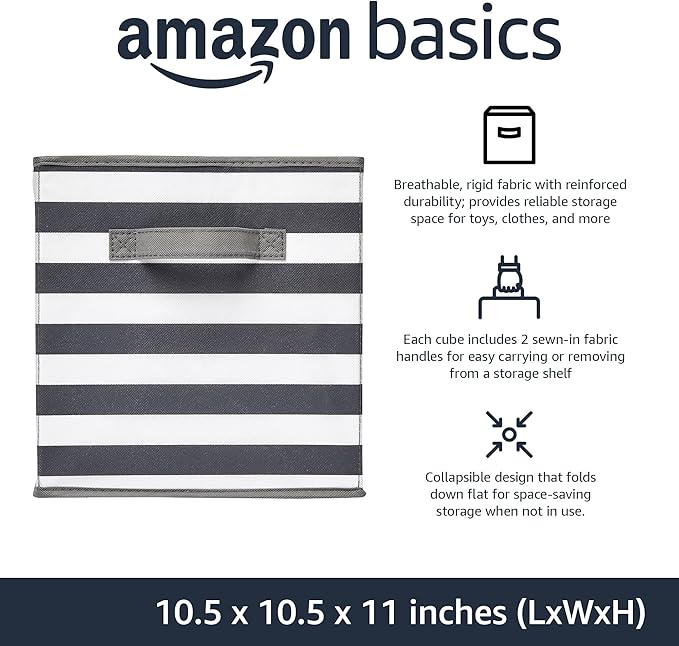 Amazon Basics Cube Organizer Storage Bins Handles, Collapsible Fabric, Pack of 6, 10.5"x10.5"x11", White/ Light Grey Stripe