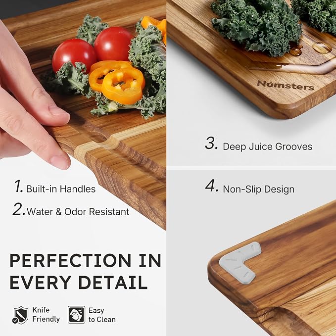 3 Pack Teak Wood Cutting Board Set Non Slip Over Sink Charcuterie Board Serving - Image 6