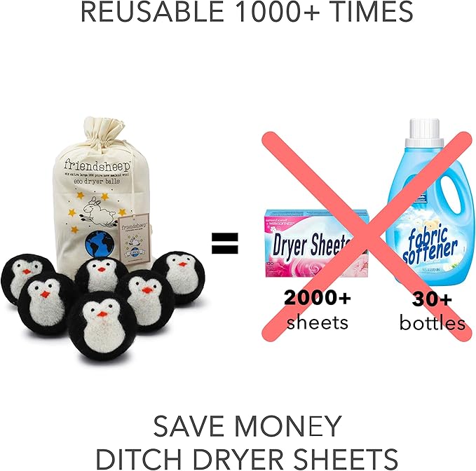 Friendsheep Wool Dryer Balls, Organic Fair Trade Reusable Fabric Softener, Extra Large, 6 Pack, Black Penguin - Cool Friends