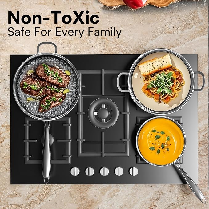 Non Stick Frying Pans Set with 3 Lid, Non-Toxic Hybrid Pans Set Nonstick - Image 3