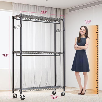 Heavy Duty Rolling Garment Rack 3 Tiers Adjustable Wire Shelving Clothes Rack - Image 8