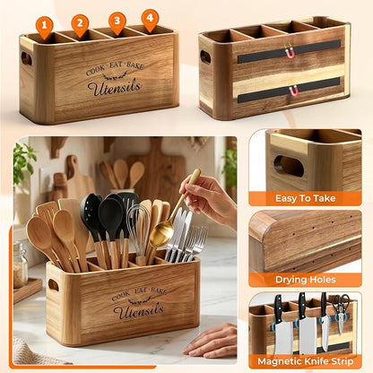 Acacia Wood Utensil Holder for Kitchen Countertop, Extra Large Wooden Utensil - Image 3