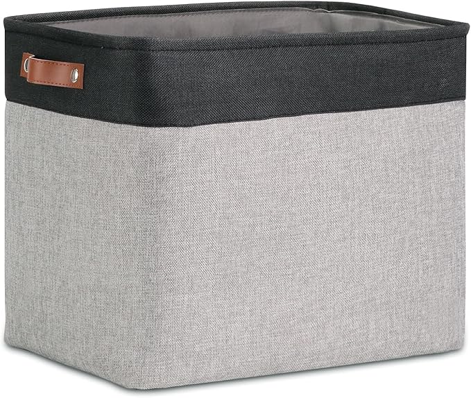 DULLEMELO Large Collapsible Storage Basket/Bin with Sturdy Leather Handles, Fabric Organizer Bin for Storage Clothes, Toys, Books, Office, Bedroom, Closet, Nursery & Laundry (Black&Gray)
