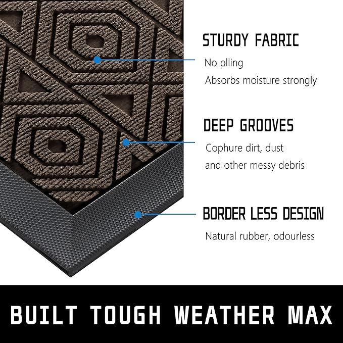 Yimobra Door Mat, Outdoor Indoor Entrance Welcome Mat, Heavy Entry Front Door Mat, Stain & Fade Resistant, Low Profile, Sturdy Rubber, Easy Clean Patio Floor Mat, Waterproof, 29.5 x 17, Brown